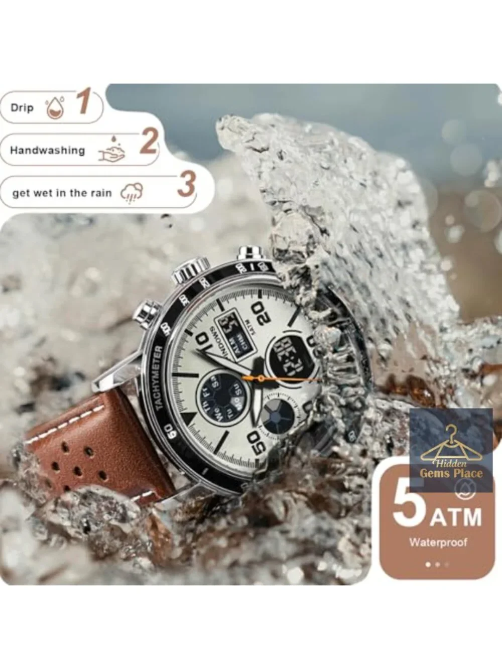 Men's Multifunction Sport Casual Analog-Digital Watch with Perforated Leather